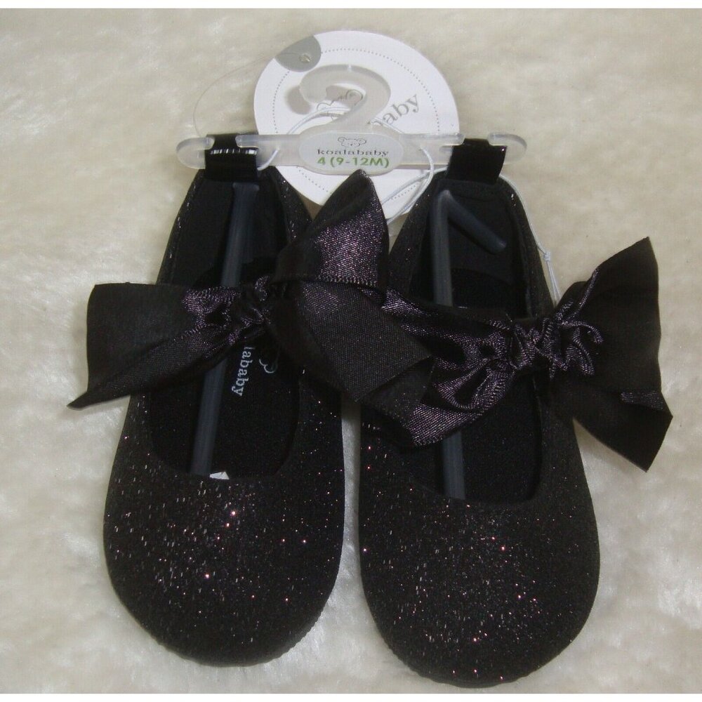 Koala Baby Black Sparkle Glitter With Bow Flat Shoes Baby Size 4 NEW Cute